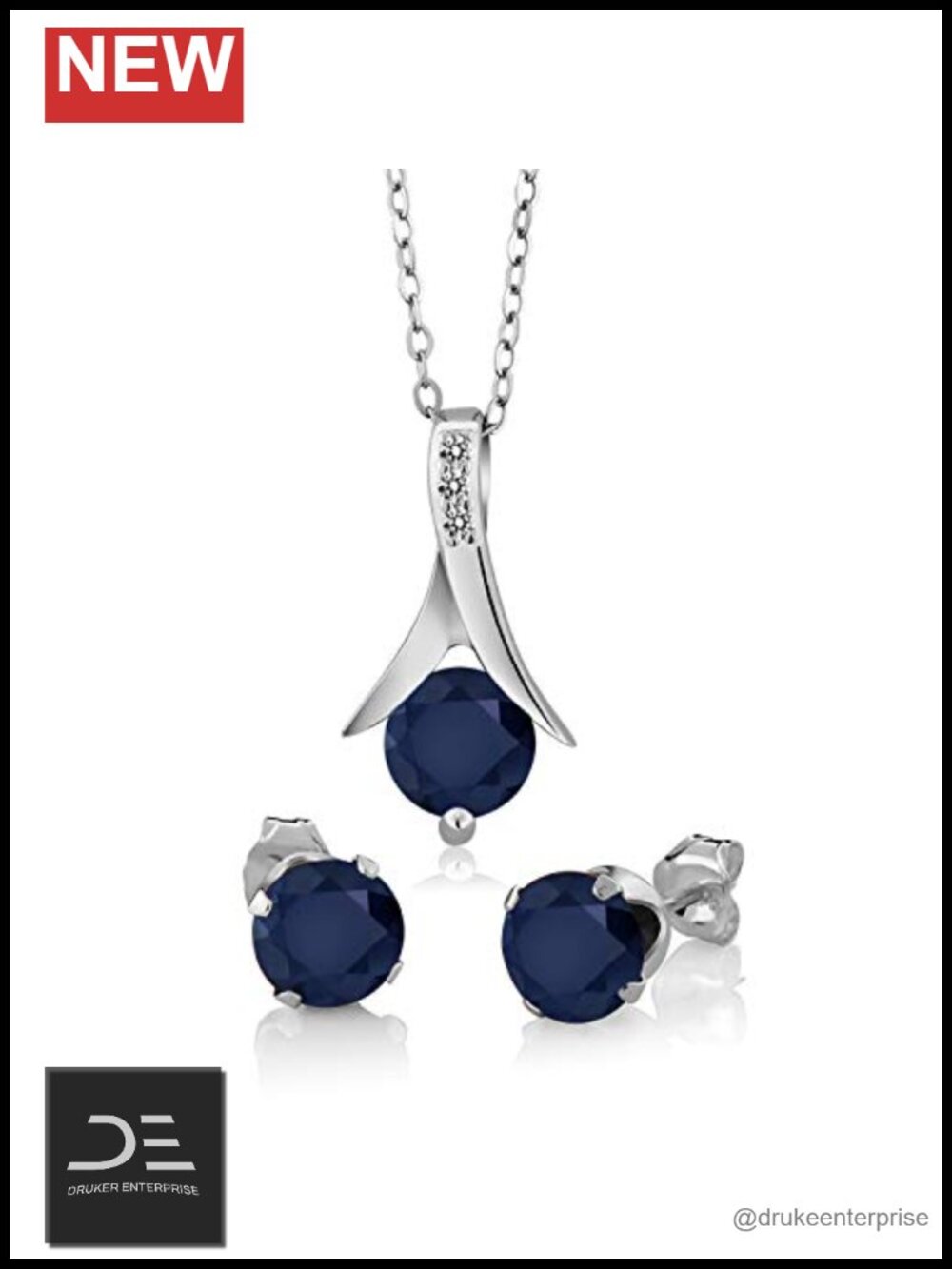 3.05 CTW Blue Sapphire & Diamond Pendant Earrings Set Sterling Silver 925